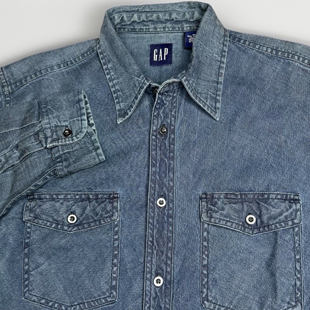 Vintage Y2K Gap Shirt Mens Medium Blue Denim Dark Wash Pockets Western Button